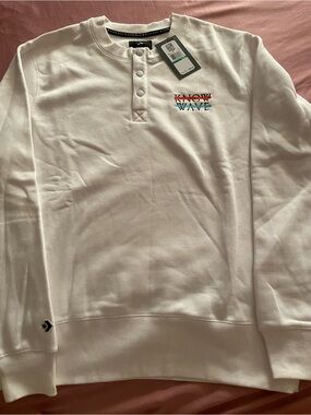 Converse White Henley Pullover with Red and Teal Embroidered Logo